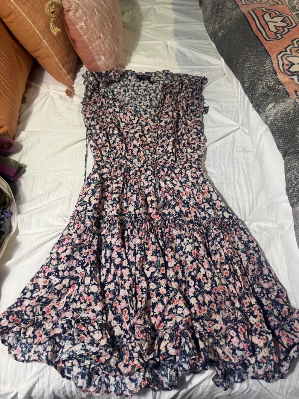 Dear John Navy and Pink Floral Tiered Midi Dress